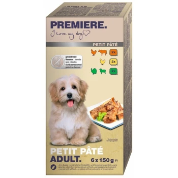 Eine Packung "Premiere. Ich liebe meinen Hund" Hundefutter, beschriftet "Petit Pâté Adult," mit 6 x 150g Portionen, getreidefrei, mit Huhn und Gemüse.