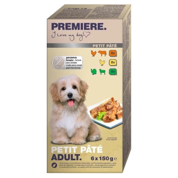 Eine Packung "Premiere. Ich liebe meinen Hund" Hundefutter, beschriftet "Petit Pâté Adult," mit 6 x 150g Portionen, getreidefrei, mit Huhn und Gemüse.