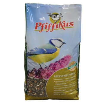 Tüte Pfiffikus Meisenfutter mit Bild einer Blaumeise auf rosa Blumen, 5000 g netto.