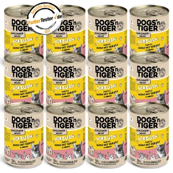 Zwölf Dosen DOGS'n TIGER Haustierfutter, beschriftet "Herzlich" mit Huhn und Karotten, mit einem Qualitätssiegel.