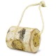 Natural birch wood bird feeder with seed mix and hanging rope against white background.