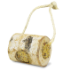 Natural birch wood bird feeder with seed mix and hanging rope against white background.
