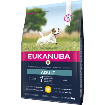 Eukanuba 3kg Premium-Trockenfutter für kleine Rassen, mit einem laufenden Hund und Text: "Reich an frischem Huhn" und "Unterstützt ein langes, gesundes Leben."