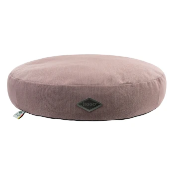 Runde Haustierliege aus weichem rosa Stoff mit strukturierter Oberfläche, mit einem kleinen schwarzen Jeggo-Logo an der Seite.