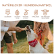 Drei Holzspielzeuge in Form von Hundeknochen, beschriftet mit S, M und L, mit Größen- und Gewichtsangaben für verschiedene Hunderassen.
