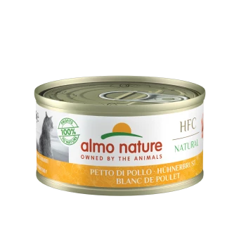 Almo Nature Katzenfutterdose, beschriftet mit 'HFC Natural', mit Hühnerbrust in mehreren Sprachen, mit einem '100% zu Natur'-Logo.
