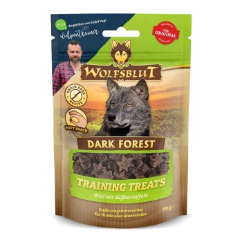 Wolfsblut Dark Forest Training Treats Verpackung mit einem Wolf-Bild, als getreidefrei, weicher Snack gekennzeichnet, mit einem Gewicht von 70g.