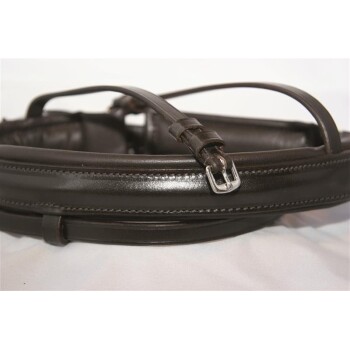 Eine Nahaufnahme eines dunkelbraunen Lederhalsbands für Hunde mit einer silbernen Schnalle, das seine glatte Textur und die Nähdetails zeigt.