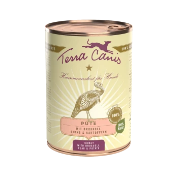 Eine Dose Terra Canis Hundefutter mit einer Truthahnillustration, beschriftet mit "Pute mit Brokkoli, Birne & Kartoffeln".