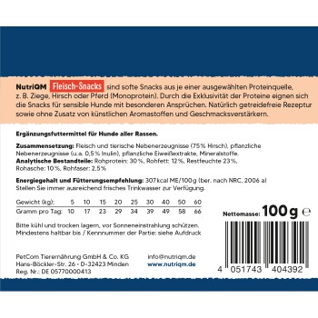 NutriQM Fleisch-Snacks Hundesnack-Etikett auf Deutsch mit Zutatenangabe, Fütterungstabelle, Barcode und 'Nettomasse: 100 g'.