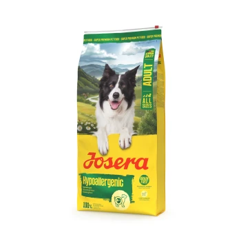 Josera Hypoallergenes Hundefutter für erwachsene Hunde mit einem schwarz-weißen Hund, gekennzeichnet als getreidefrei und für alle Größen.