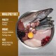 A stainless steel bowl with raw whole prey diet ingredients: herring, hake, chicken, turkey, giblets, liver, and berries.