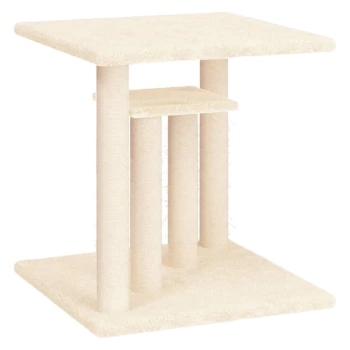 Cremefarbener Kratzbaum für Katzen mit quadratischer Oberseite, zwei vertikalen Kratzpfosten und einem kleinen Regal in der Mitte.