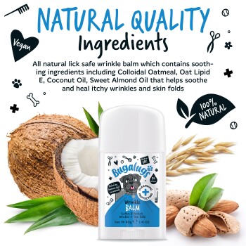 Bugalugs Wrinkle Balm‑Stick mit Kokos, Hafer und Mandeln; Text: NATÜRLICHE QUALITÄT Zutaten, 100 % NATÜRLICH, Vegan