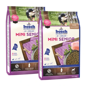Mini Senior Geflügel 2x2,5 kg Bosch Mini Senior Hundefutterbeutel, jeweils 2,5 kg, mit einem lila Design und einem Hundebild, das Zutaten und ernährungsphysiologische Vorteile hervorhebt.