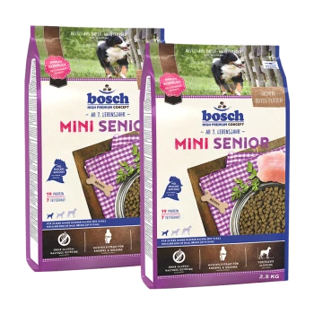 Bosch Mini Senior Hundefutterbeutel, jeweils 2,5 kg, mit einem lila Design und einem Hundebild, das Zutaten und ernährungsphysiologische Vorteile hervorhebt.