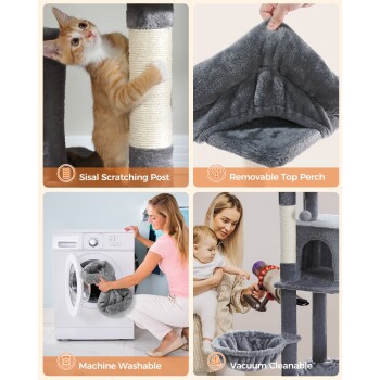 Ein verspielter orangefarbener Kätzchen spielt mit einem Sisal-Kratzbaum, der eine abnehmbare Liegefläche und ein leicht zu reinigendes Design hat.