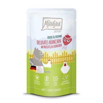 Nassfutter Katze Adult, Quetschie Chicks & Friends, Huhn und Erdbeere 12x125 g
