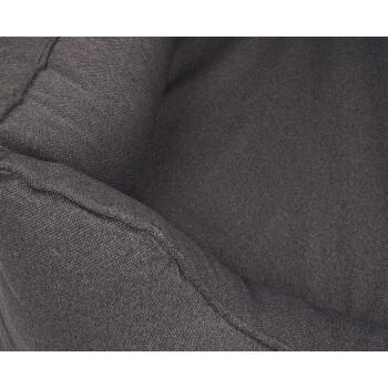 Nahaufnahme eines dunkelgrauen Haustierbettes mit einer strukturierten Stoffoberfläche und plüschigen Kanten, entworfen für den Komfort von Haustieren.