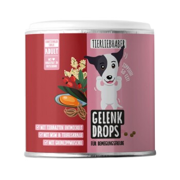 Roter Behälter mit der Aufschrift 'Gelenk Drops' (Gelenk-Drops) mit einem Gewicht von 350g (ca. 150 Tropfen), mit verspielten, haustierbezogenen Grafiken.