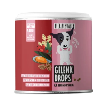 Roter Behälter mit der Aufschrift 'Gelenk Drops' (Gelenk-Drops) mit einem Gewicht von 350g (ca. 150 Tropfen), mit verspielten, haustierbezogenen Grafiken.
