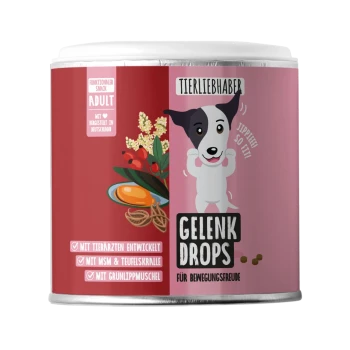 Roter Behälter mit der Aufschrift 'Gelenk Drops' (Gelenk-Drops) mit einem Gewicht von 350g (ca. 150 Tropfen), mit verspielten, haustierbezogenen Grafiken.