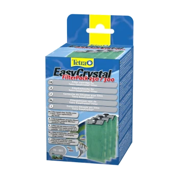 Tetra EasyCrystal FilterPack 250/300 Box, mit einem blauen Design und Produktdetails in mehreren Sprachen, einschließlich Gebrauchsanweisungen.