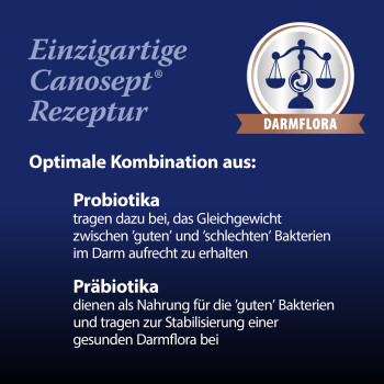 Blaues Panel: 'Einzigartige Canosept® Rezeptur' mit DARMFLORA-Siegel; Text listet 'Optimale Kombination aus: Probiotika' und 'Präbiotika' als Vorteile für die Darmflora.