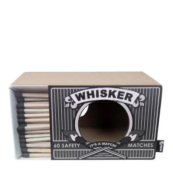 Schachtel mit 60 Sicherheitsstreichhölzern im schwarz-weißen Design, mit dem Text 'WHISKER' und 'IT'S A MATCH!' auf der Vorderseite.