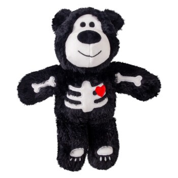 Black plush bear with white skeleton applique and small red heart on chest, smiling face and bone details on arms and paws.