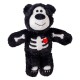 Black plush bear with white skeleton applique and small red heart on chest, smiling face and bone details on arms and paws.