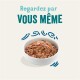 Bol de nourriture pour animaux avec un mélange de viande et de légumes, accompagné du texte "Regardez par VOUS MÊME" au-dessus.