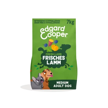 Sac vert de 7 kg de nourriture pour chien Edgard Cooper, « Agneau frais (Fresh Lamb / Frisches Lamm) », medium adulte, sans céréales et hypoallergénique, illustrations de chiens