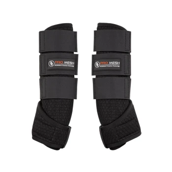 Schwarze Haustierbeinschoner mit verstellbaren Riemen und 'PRO MESH Atmungsaktive Schutztechnologie'-Etiketten.