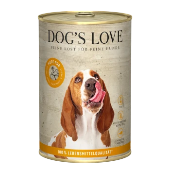 Dose DOG'S LOVE Hundefutter, Puten-Geschmack, getreidefreie Rezeptur, hergestellt in Österreich, 715 g, mit Hundebild auf dem Etikett.