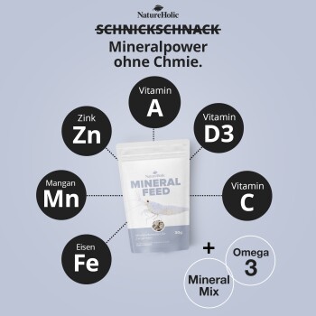 NatureHolic Mineralfutter-Beutel mit Garnele; Hinweise listen Vitamin A, D3, C, Zn, Mn, Fe sowie Mineralmix und Omega-3 auf