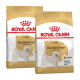 Zwei Säcke Royal Canin Bichon Frise Hundefutter, mit der Aufschrift "ERWACHSEN" und einem Bild eines Bichon Frise Hundes, das die ernährungsphysiologischen Vorteile für die Rasse betont.