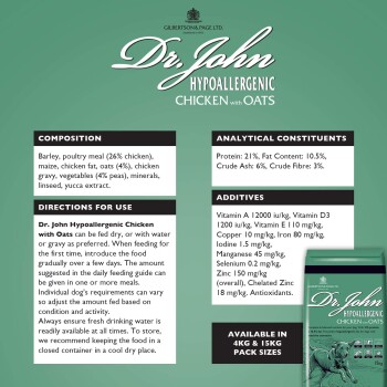 Dr. John Hypoallergenes Hundefutter mit Huhn und Hafer Tasche, mit Zusammensetzungsdetails, Nährwertanalyse und Fütterungshinweisen.