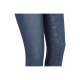 Nahaufnahme eines Paares Jeans mit einem dunklen gemusterten Seitenpaneel und einem subtilen Logodesign.
