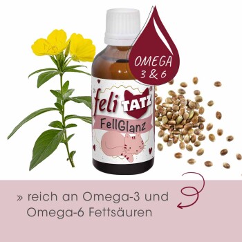 Flasche mit dem Haustierzusatz 'feliTATZ FellGlanz' mit einer rosa Katze, gelben Blumen und Text über Omega-3- und Omega-6-Fettsäuren.