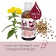 Flasche mit dem Haustierzusatz 'feliTATZ FellGlanz' mit einer rosa Katze, gelben Blumen und Text über Omega-3- und Omega-6-Fettsäuren.