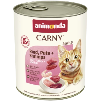 Animonda CARNY Katzenfutterdose mit orange getigerter Katze und Fleisch-/Garnelenbild; Aufschrift: 'Rind, Pute + Shrimps / Beef, Turkey + Shrimps'.