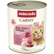 Animonda CARNY Katzenfutterdose mit orange getigerter Katze und Fleisch-/Garnelenbild; Aufschrift: 'Rind, Pute + Shrimps / Beef, Turkey + Shrimps'.
