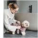 Eine Frau in einem gemütlichen Pullover zieht einem kleinen Hund einen weichen, lila Mantel an und bereitet ihn auf ein Bad in einem modernen Badezimmer vor.