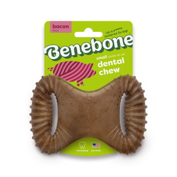 Benebone dog chew toy in a unique shape with ridged handles, designed for durability and flavor.