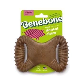 Benebone dog chew toy in a unique shape with ridged handles, designed for durability and flavor.