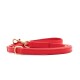 Rote Leder-Hundeleine mit goldenen Beschlägen, ordentlich auf einem weißen Hintergrund gewickelt.