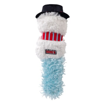 Plush dog toy resembling a snowman wearing a black hat and red striped scarf with "KONG" label.