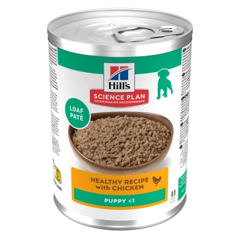 Hill's Science Plan canned puppy food (loaf pate); label shows bowl of pate and text "Healthy Recipe with Chicken" and "Puppy <1"