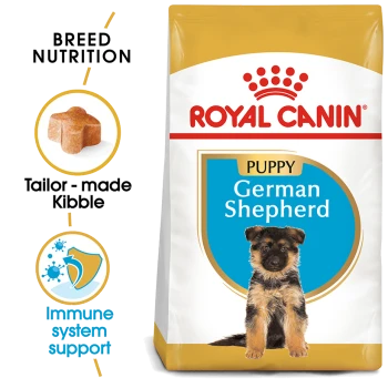 Royal Canin Puppy German Shepherd dog food bag with puppy image, emphasizing breed nutrition, tailored kibble, and immune support.